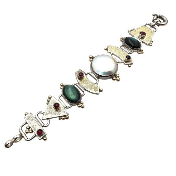 Rare Tricia Young 14K Gold Sterling Silver Pearl Garnet Bracelet - Picture 3 of 9